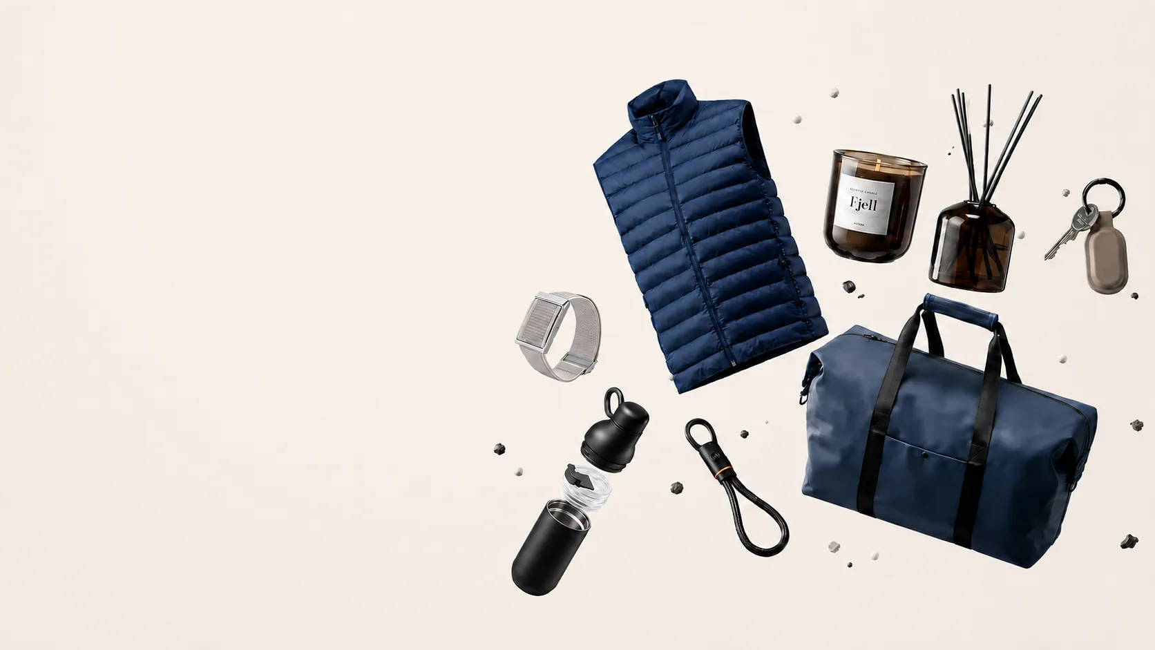 Sélection de cadeaux d'affaires personnalisés : doudoune, sac de voyage, bougie, gourde et accessoires