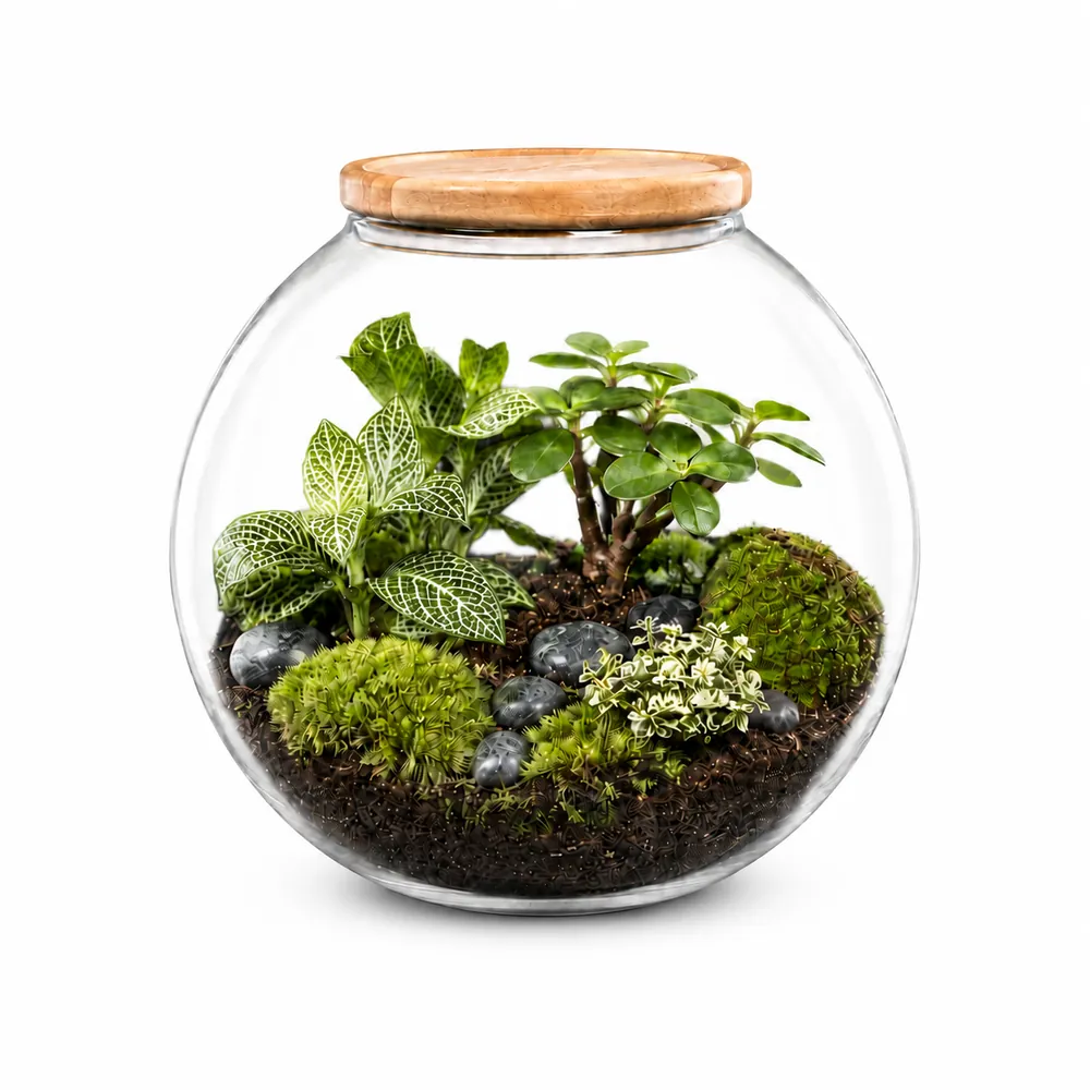 Terrarium en verre avec couvercle en bois