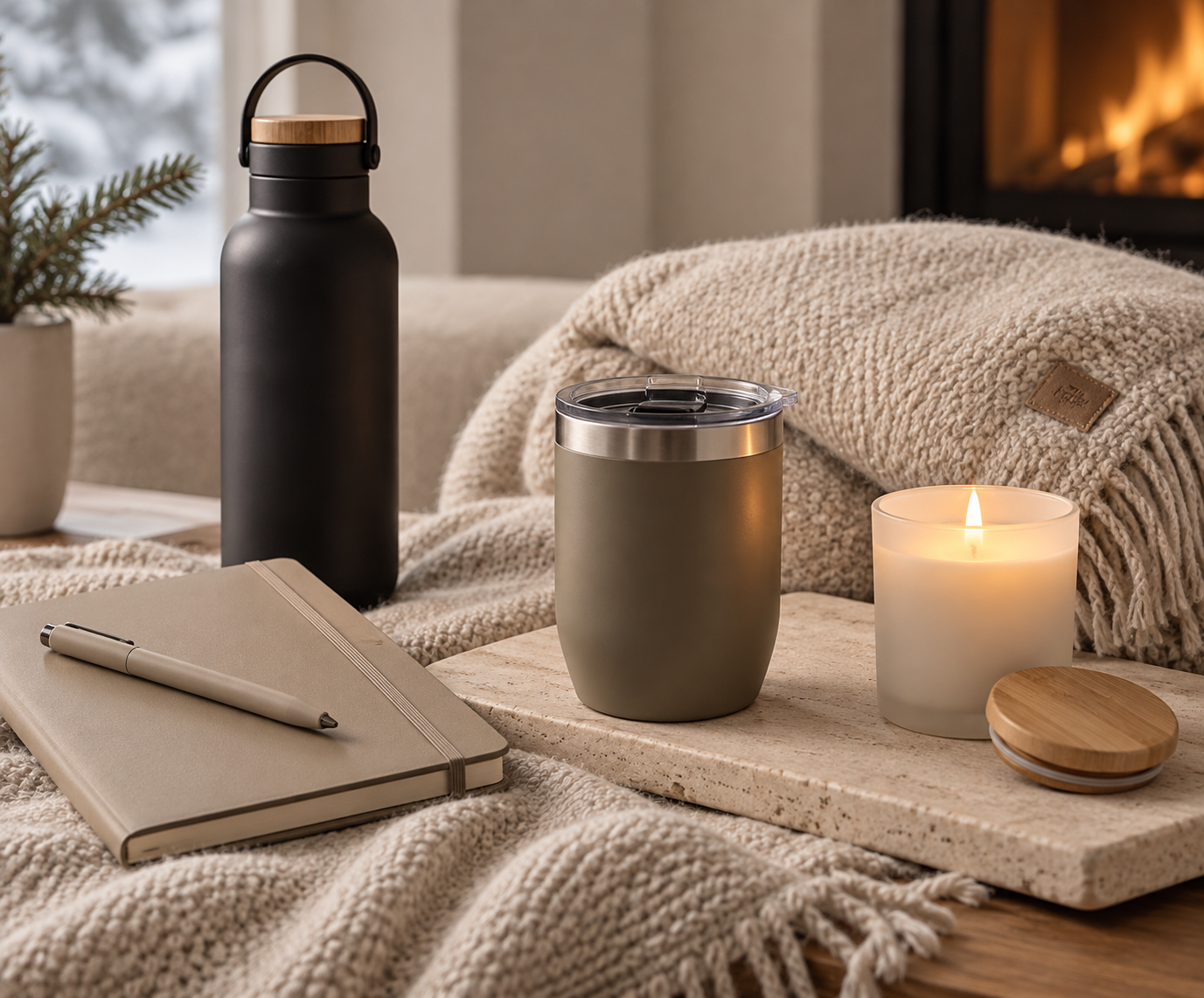 Collection hiver — thermos, carnet, plaid et bougie personnalisables